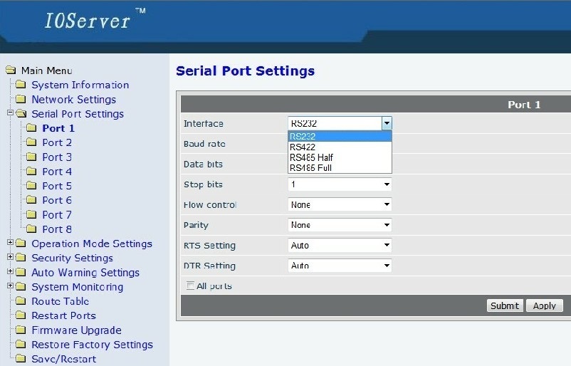 8serial to ethernet management screen