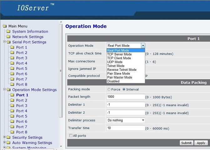 serial RS232/422/485 to ethernet management